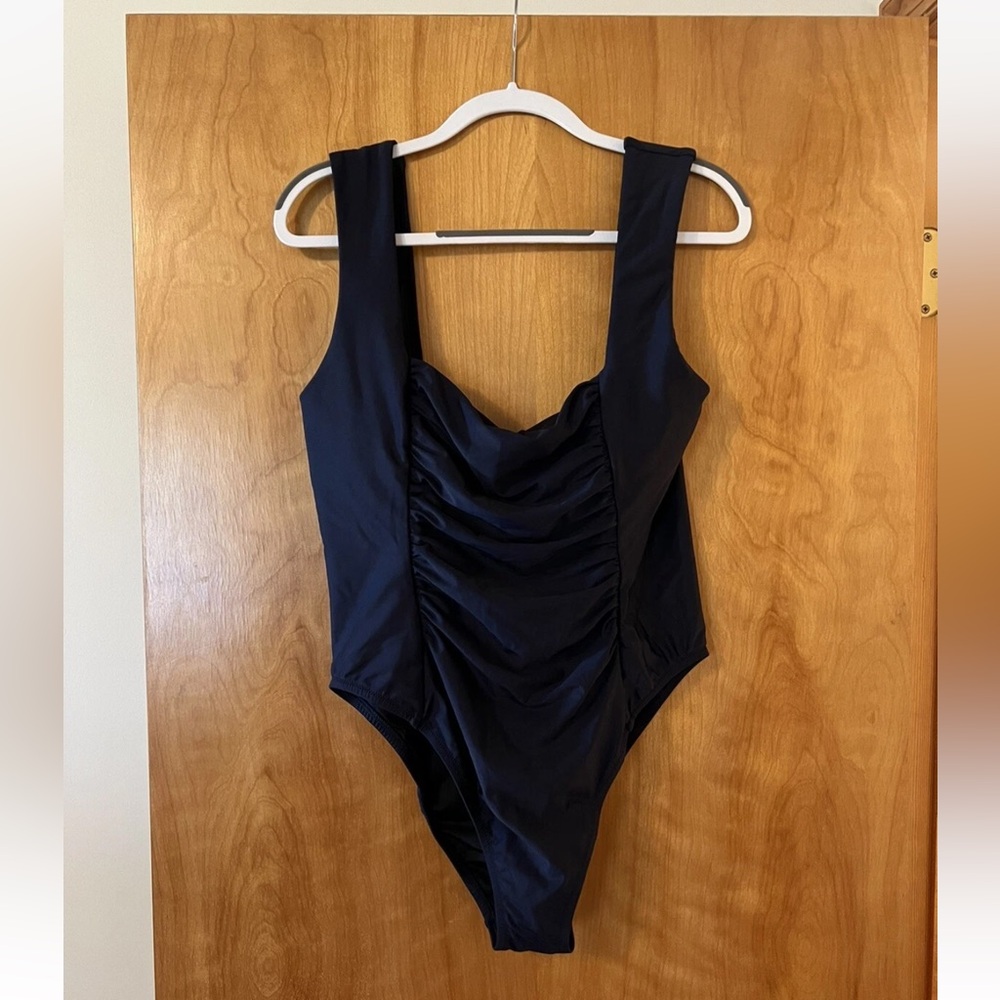 J. Crew Womens One Piece Swimsuit Square Neck Ruched Navy Blue Swim NWOT Size 16